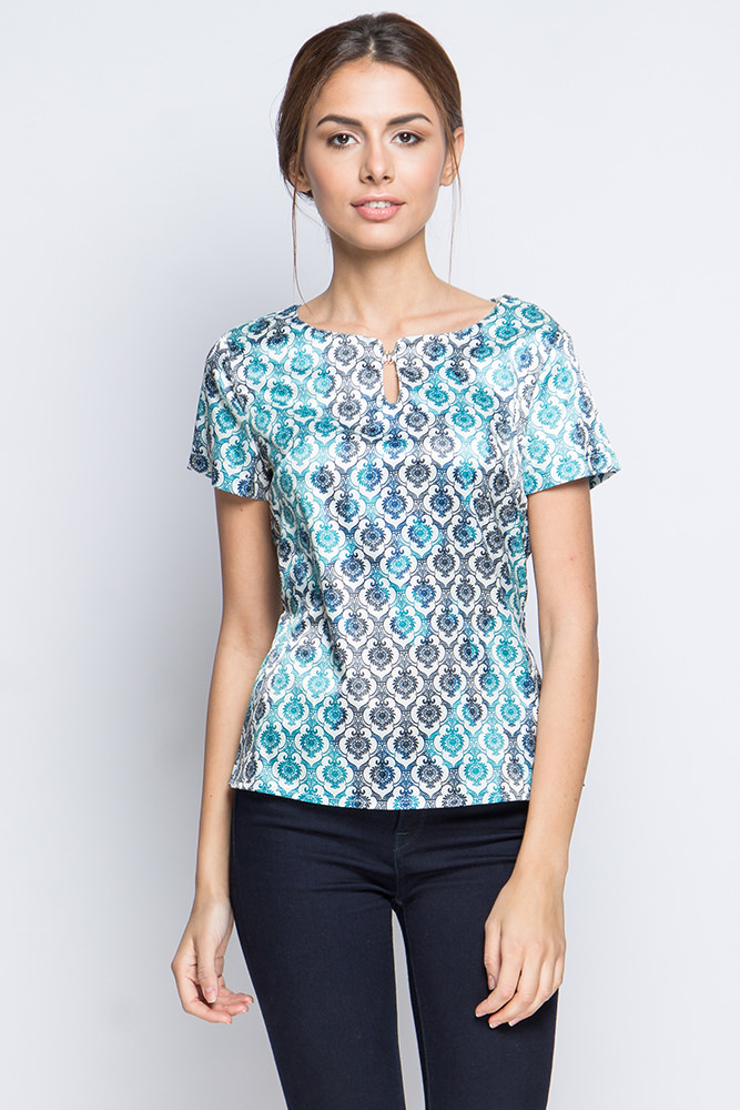 Фото товара 7793, шелковая блузка с короткими рукавами и украшением на вороте